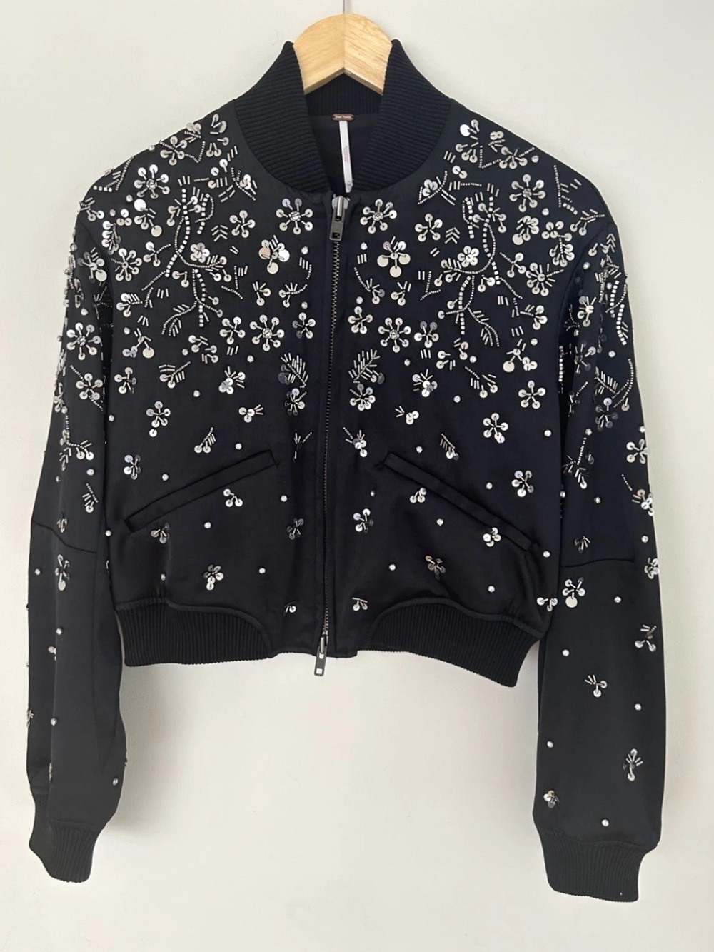 Free People Stassi Black Satin Embellished Beaded Bomber Jacket NWT Size XS - Picture 5 of 11
